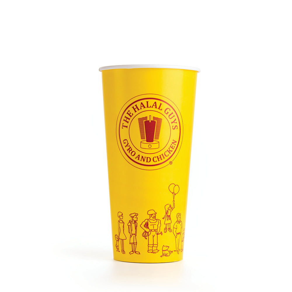 Yellow Cold Drink Cups with "The Halal Guys" logo and red illustrations of people on a white background.