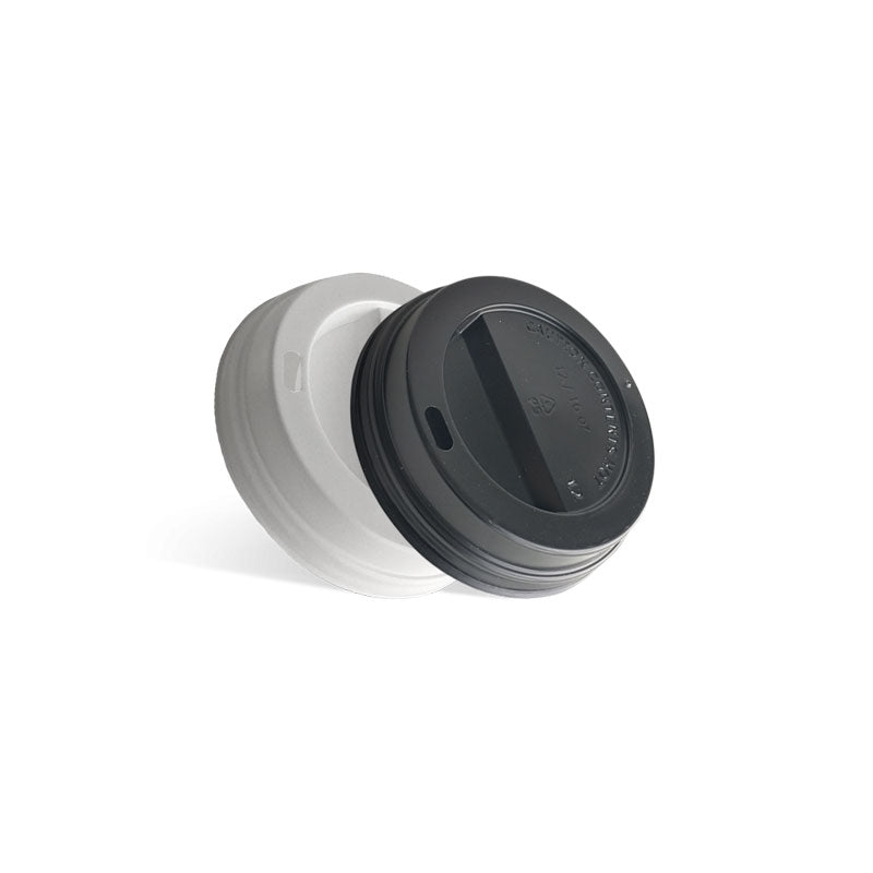 Two Cup Lids, one black and one white, for hot beverages on a white background.